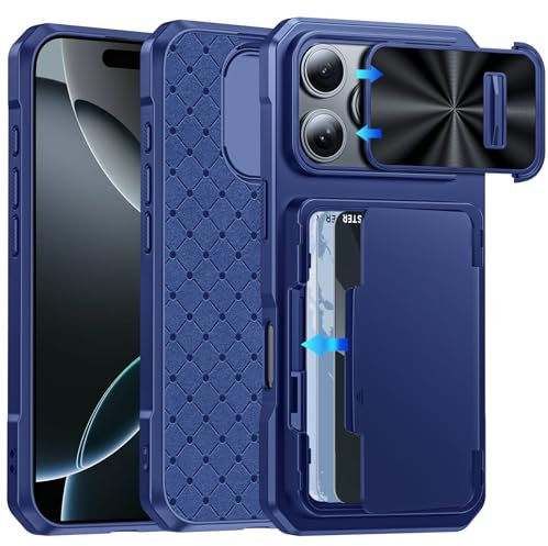 BSNRM for iPhone 16 Pro Case Wallet, Hidden Card Holder (4 Cards), Pop-up Camera Cover, Military Grade Protection, Durable Kickstand Heavy Duty Men Women Shockproof Case for iPhone 16 Pro(Blue)