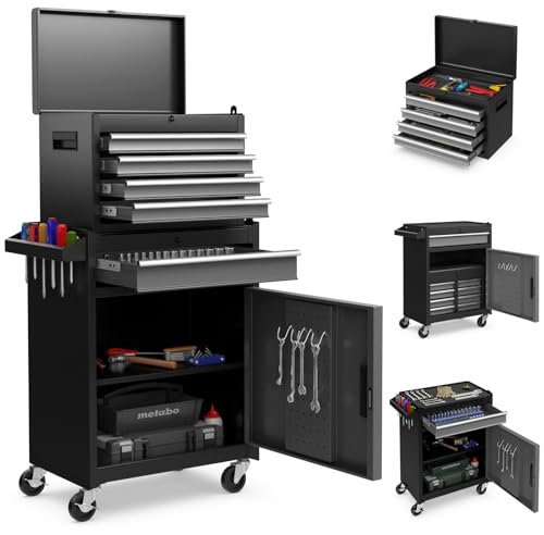 TANGZON Lockable Tool Cabinet, Rolling Tool Chest Combo with Wheels, Drawers, Hooks & Side Handle, Detachable Garage Workshop Tool Cart Trolley (without Middle Compartment, Black+ Grey)