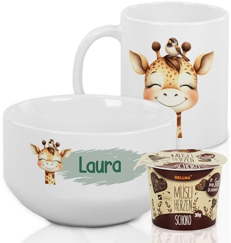GRAZDesign Frühstückset Tasse mit Müslischale personalisiert für Kinder Giraffe Motiv aus Keramik - Geschenkset