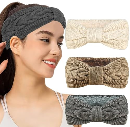 QUEXLAI 3pcs Wollhaarband,Damen gestrickt warmes Stirnbands,Damen Winter gestricktes Stirnband,verdicktes Haarband,elastisches Stirnband,geeignet für Party,Versammlung,Skifahren,Outdoor-Sport
