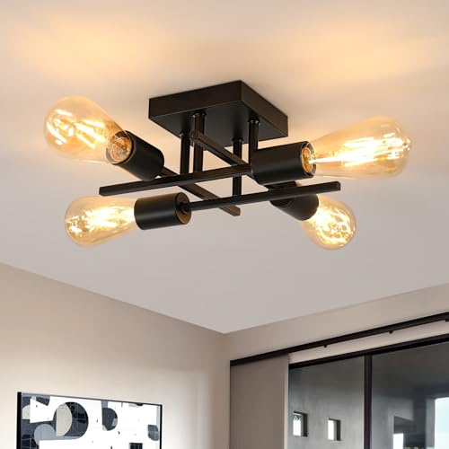 Pheashine Industrial Vintage Ceiling Light, 4 Light Semi Flush Mount | Black Chandelier With E27 Sockets For Kitchen, Bedroom, Dining Room, Hallway, Bulbs Not Included