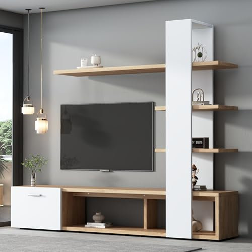 Modernes Eichenweiß TV-Schrank Set, 180 cm L, Lowboard, TV Wohnwand, Wohnzimmermöbel für Fernseher bis 60 Zoll