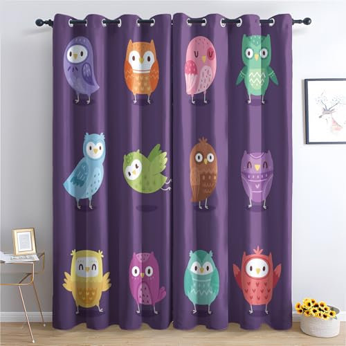 SZLYZM Vorhänge Eule, Verdunkelungsvorhang 2er Set - Vorhang Blickdicht Cartoon Vogel Lila Muster, Thermovorhang für Deko Wohnzimmer Schlafzimmer, Gardinen mit Ösen 137x117 cm (HxB)
