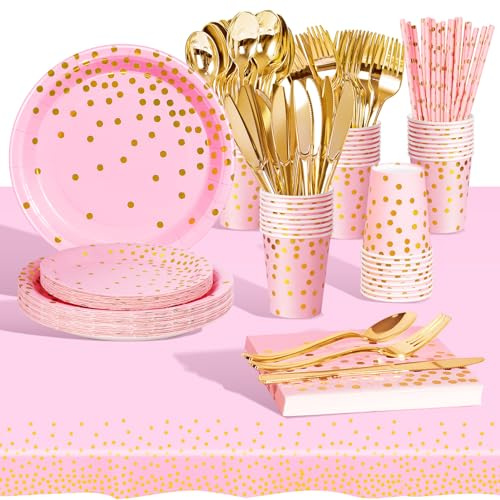 AIPartywar Partygeschirr Kindergeburtstag 226 Stück Rosa Gold Pappteller Mädchen Party Geschirr Set Geburtstagdeko mit Pappbecher, Pappteller, Tischdecke, Servietten und mehr 25 Gäste