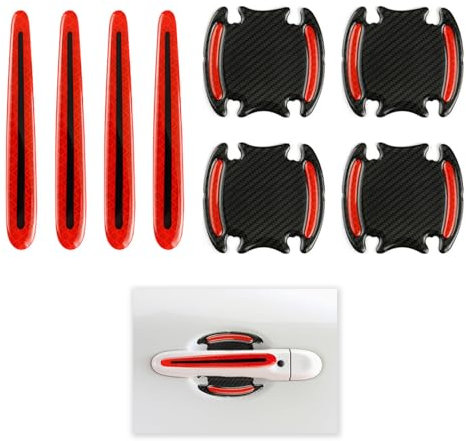 8 Pcs Car Door Handle Protectors, Auto Handle Film, Universal 3D Carbon Fiber Scratch Protectors, Reflective Door Handle Cup Protector Stickers, Scratch Guard for Cars, Trucks, and Motorcycles (Red)