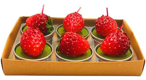 6 velas de té de fresa, fresa, velas de mesa de fresa, velas de cera, velas de fruta, velas decorativas, velas decorativas de cera, contenido: 6 velas, en rojo, 4 x 4 x 4 cm.