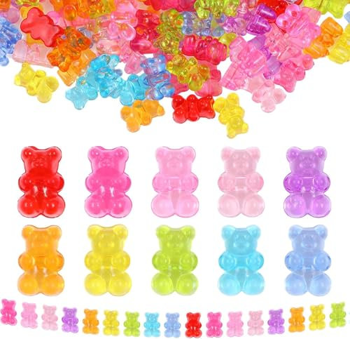 UCLEVER 200 Stück Klare Acryl-Bärenperlen, Bunte Gummibärchen-Perlen für Armbänder, Halsketten und DIY-Bastelarbeiten, Niedliche Bären-Anhänger für Schmuckherstellung