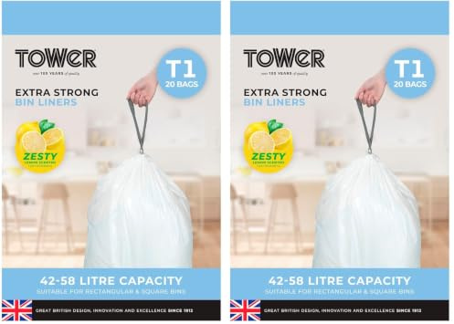 Tower T878000 42-58L Lemon Scented Heavy Duty Drawstring Bin Liners, 40 Pack, White