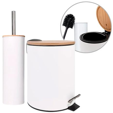 Amig - Set Poubelle et Porte-brosse WC Naturline - Ø168 x 230 mm - Acier et Bambou - Couleur Blanche - Ensemble de Salle de Bain Compact et Coordonné - Idéal pour Espaces Modernes et Naturels