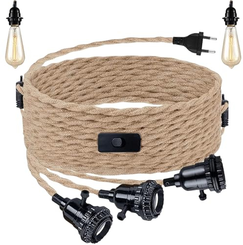 Kit lampada a sospensione in corda di canapa con spina, E27 vintage cavo lampada con interruttore, cavo lampada a sospensione con 3 luci, lampada a sospensione retrò fai da te per cose (senza