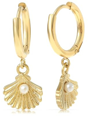 Made by Nami Set Boho Ohrringe Gold Hängend Creolen mit Muschel Anhänger und Süßwasserperle aus Chirurgischem Edelstahl Perlenohrringe Boho Schmuck Damen Minimalistischer Schmuck