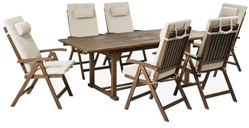 Beliani Acacia Rustic 6 Seater Garden Dining Set Extending Table Reclining Chairs with Taupe Cushions Amantea Premium