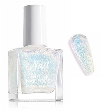 Clawrex Glitzer Nagellack Weiß, Nagellack Schnelltrocknend, Ungiftig Reflective Glitter Nail Polish mit Glow in Dark Effekt, Wasserbasierter, fingernägel Polish für DIY Nageldesign(Weiß, 10ml)
