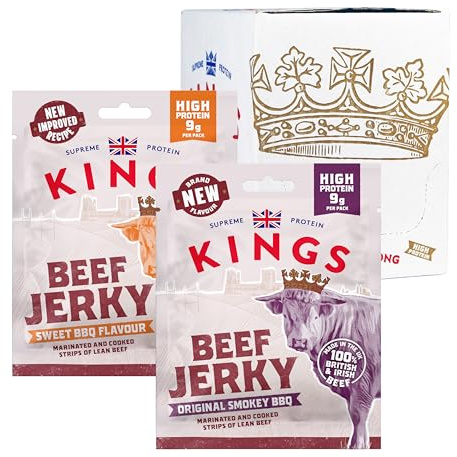 Kings - Beef Jerky - Variety Case - High Protein Snacks, Marinated and Cooked Meat - Sweet and Smokey BBQ - 6 of Each Flavour - Bulk Box of 12 x 25 g Packs
