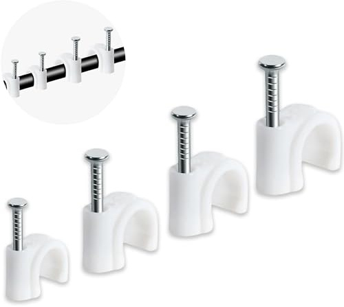 Xahpower 400 Pezzi Fermacavi Muro, Fermacavi Rotondi Bianchi con Chiodi, Fermacavo per Ethernet, USB, Rete, Telefonici, 4mm/6mm/8mm/10mm
