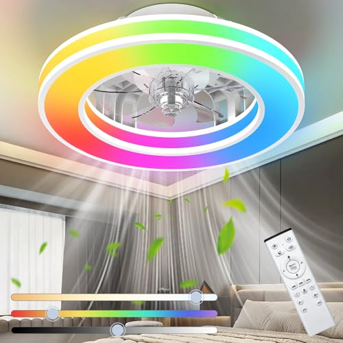 Ateroll Ventilador de Techo con Luz 41.5CM, Ventiladores de Techo 25W, Regulable 3000K-6500K-RGB, 6 Velocidad del Viento con Control Remoto, Temporizador, Memoria de Luz, Ventilador Reversibles