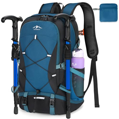 RAINSMORE Wanderrucksack Herren Damen 40L Wasserdichter Rucksack Groß | Faltbarer Trekkingrucksack Leicht Reiserucksack Für Klettern Bergsteigen Reisen Blau