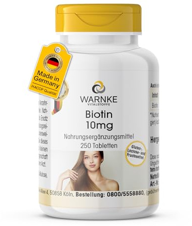 Biotin 10mg – 250 tabletter – 10mg per tablett – D-biotin – HÖG DOS – Tysk apotekskvalitet – vegan | Warnke Vitalstoffe