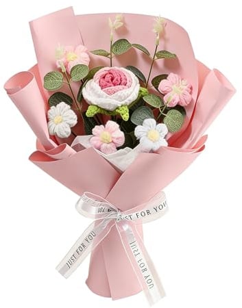 Luckwaii Bouquet di rose all'uncinetto a maglia con rose all'uncinetto, bouquet, fiori rosa, per donne, amiche, festa della mamma, San Valentino
