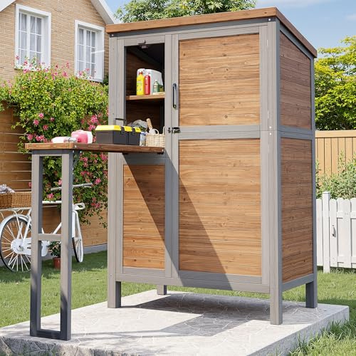 Merax Gartenschrank Holz, wetterfest Geräteschuppen Gartenhaus mit Schräges Dach, ausklappbarer Arbeitsplatte, Outdoor Werkzeugschrank mit verstellbaren Regalen, Haken, Schloss, für Garten & Terrasse