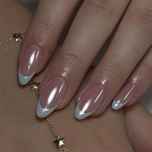 Blue French Tip False Nails - 24Pcs Long Almond Press on Nails - Chrome Nude Fake Nails with Blue French Tips - Full Cover Nail Tips Acrylic Stick on Nails - Fake Nails with Glue for Women