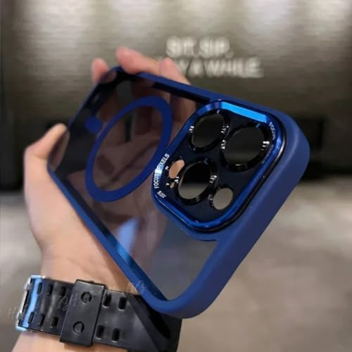 Custodia protettiva di lusso magnetica in metallo con paraurti per obiettivo per iPhone 17 16 15 14 13 12 11 Pro Max con ricarica wireless Funda, cover rigida trasparente (per iPhone 16 Pro Max/Blu)