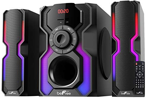 BeFree Sound 2.1 Channel Bluetooth Multimedia Wired Speaker Shelf Estantería Estéreo con Luces LED reactivas, Radio FM, USB y entradas SD