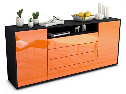 Stil.Zeit Sideboard Enzo, Korpus anthrazit matt, Front Hochglanz Mandarine (180x79x35cm) Push-to-Open Technik & Leichtlaufschienen