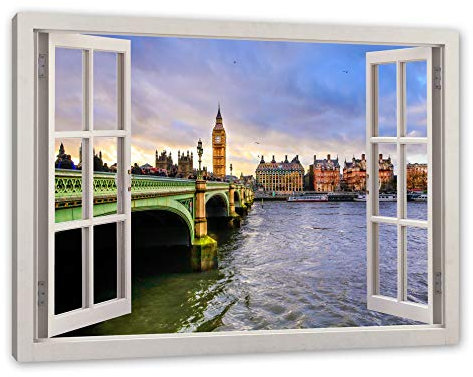 Pixxprint Big Ben an der Themse, Fenster Leinwandbild | Größe: 60x40 cm | Wandbild | Kunstdruck