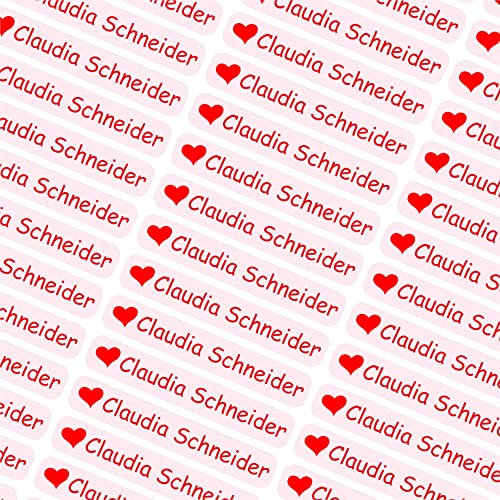 Indigos UG Namensaufkleber Kinder Schule - 43x7mm - 066 - Liebe Herz - Etiketten selbstklebend - 60 personalisierte Aufkleber für Kindergarten, Stifte, Bücher, Brotdose Federmappe, Lineale & Spielzeug