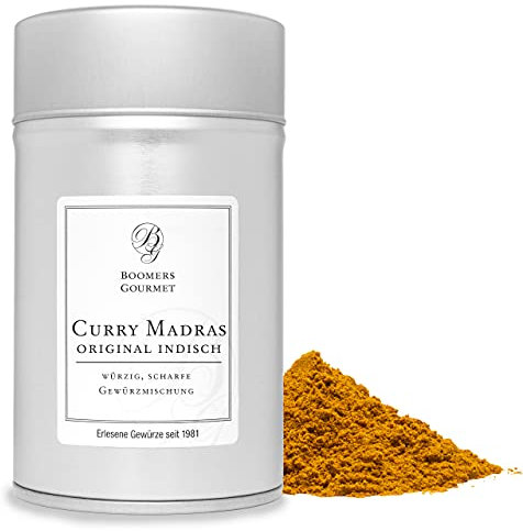 Boomers Gourmet - Premium Curry Madras, original indisch, scharfes Curry Pulver Gewürzmischung - Gewürzdose - 100 g