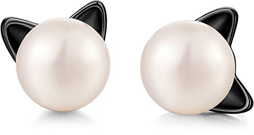 Katze Ohrstecker Katze Perlen Ohrringe Katze Ohrringe für Damen Schwarz Katze Perle Ohrringe Silber 925 Ohrringe Kinder Mädchen Ohrstecker mit Katze Katzen Schmuck Mädchen Süßwasser Perlen Ohrstecker