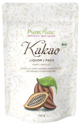 Kakao-Liquor Criollo Kakaomasse (Bio Roh Vegan) Schokolade 100 Prozent Kakao Masse Kakaopaste Kakaobohnenmus Kakaomus Rohkakao Rohkakaomasse Zuckerfrei - Organic Raw Theobroma Cacao | PureRaw 250g