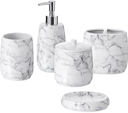 Motifeur Badaccessoires Set, 5-teiliges Keramik Bad Zubehör Komplettset mit Lotionspender/Seifenpumpe, Baumwollglas, Seifenschale, Becher und Zahnbürstenhalter (Marmor-Look)
