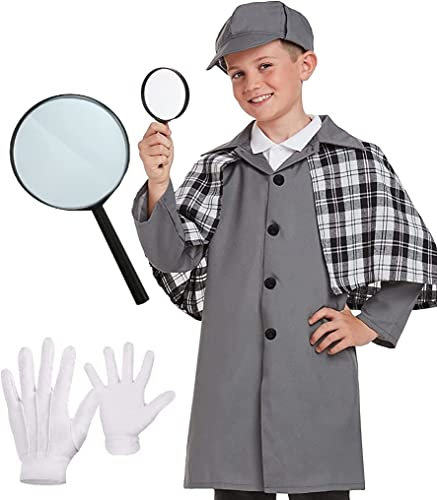 Dreamzfit - Children kids Deluxe Victorian Detective Fancy Dress Set for World Book Week School Events Halloween Costume (HAT, JACKET with ATTACHED CAPE, MAGNIFYING GLASS & GLOVES) (7-9 years)