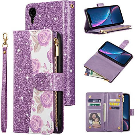UEEBAI Wallet Case for iPhone XR, Glitter PU Leather Magnetic Closure Handbag Zipper Pocket Case Kickstand Card Holder Slots with Wrist Strap TPU Shockproof Flip Cover - Bling Purple