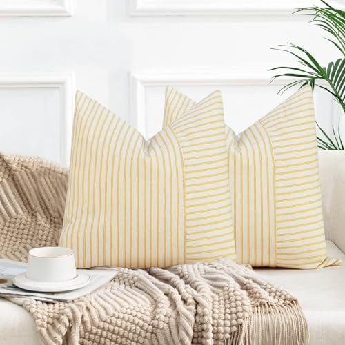 YCOLL 2er Set Kissenbezug 50x50 Baumwolle Leinen Kissenhülle Sofakissen Streifen Dekokissen Boho Deko Kissenhüllen Dekorativ Kissenbezüge für Sofa Wohnzimmer Schlafzimmer Outdoor Kissen 50x50 Yellow