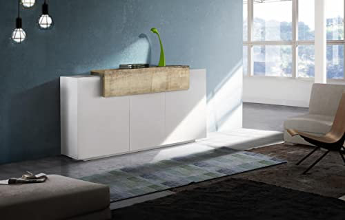möbelando Sideboard Anrichte Beistellschrank Kommode Highboard Schrank Catania III Weiß Hochglanz/Ahorn Nachbildung