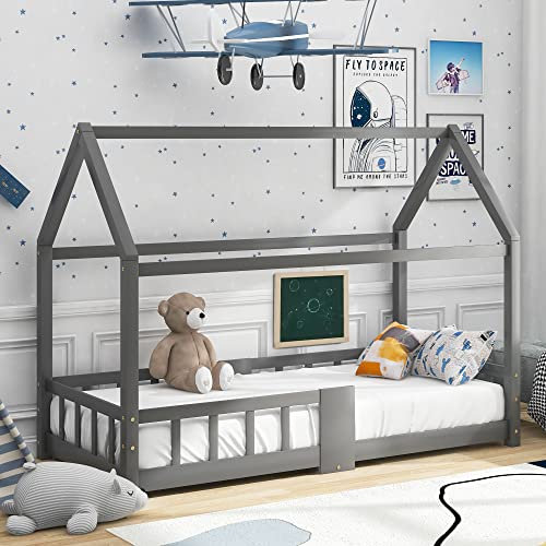 TOPCHANCES Kinderbett Hausbett 90 x 200 cm, Holzbett für Kids, inkl.Tafel Lattenrosten Rausfallschutz, aus Kiefernholz, für Kinder,Grau (ohne Matratze) (Grey A)