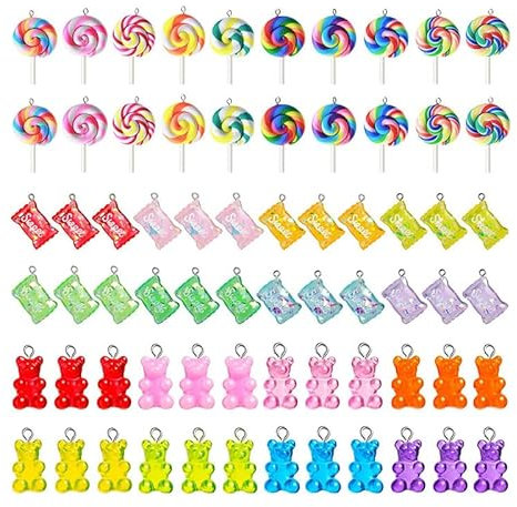 Hifot 68 Stück Süßigkeit Charms Anhänger Set, Mehrfarbig Lutscher Bär Süßigkeiten Harz Anhänger Selber Machen Schmuckanhänger für DIY Schmuck Ohrringe Armband Halskette Schlüsselanhänger