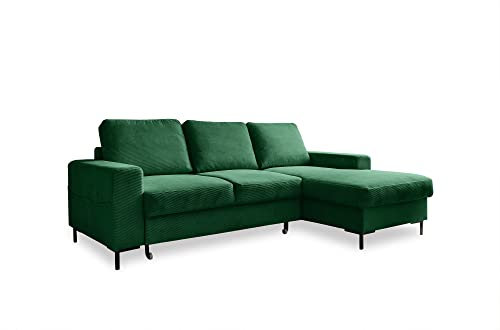 MIUFORM Ecksofa mit Schlaffunktion und Bettkasten | Lofty Lilly | Wohnladschaft Couch Schlafcouch Wohnzimmer Gästezimmer | Cord-Stoff Metallfüße (Flaschengrün, Rechts ausgerichtet)