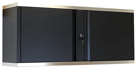 HAROMAC Wandschrank 118cm Black Edition | Made in Germany | matt Schwarz mit Edelstahl Teilen | 2 abschließbare Türen & 1 Einlegeboden | 118x44x30 cm | 1mm Stahlblech