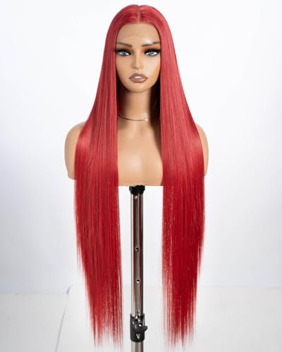 Style Icon Perücke 38 Inches Super Long Straight Lace Front Wig for Women Synthetic Lace Front Wig Middle Part Lace Wig 150% Density (M.RED)