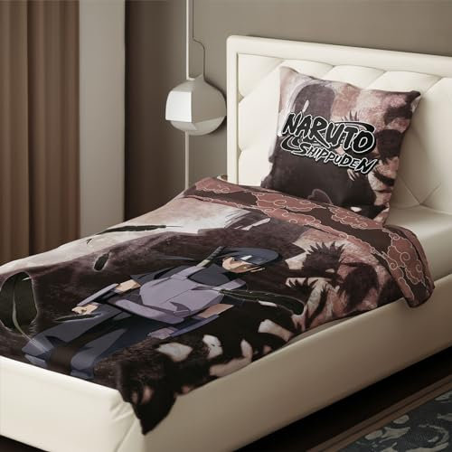 Elbenwald Naruto Shippuden Bettwäsche mit Itachi Uchiha Motiv mit Reißverschluss für Anime Fans Herren Damen Unisex 2teilig 80 x 80 und 135 x 200 cm Baumwolle, schwarz