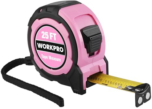 WORKPRO 25FT Pink Tape Measure, 1/8 Fractions Easy Read Measuring Tape, Retractable Nylon Coating Measurement Tape Accuracy 1/32, Magnetic Hook, Belt Clip, Rubber Protective Casing - Pink Ribbon