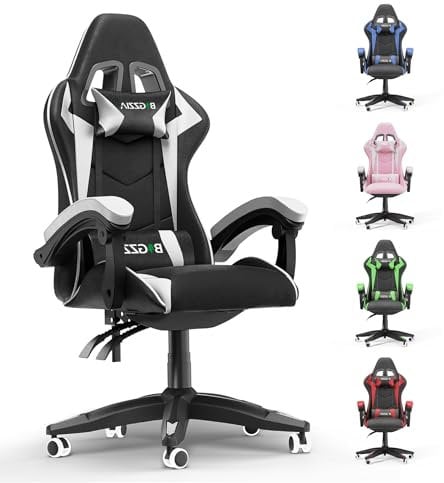 Racingreat Gaming Chair with Footrest, Office Chair, Gaming Chair, Headrest and Lumbar Cushion, Ergonomic PU Leather Computer Chair for Gamer Office Home Adult Teenager (Without Footrest, White)