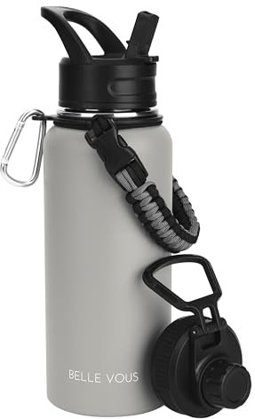 Belle Vous Bouteille INOX 1L avec 2 Couvercles - Gourde Isotherme 1L à Double Paroi pour Boissons Chaudes/Froides - Gourde Thermos Grise Anti-Fuite sans BPA avec Couvercle Paille - Gym, Sport, Maison