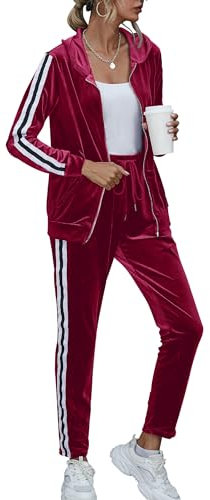 AGSEEM Zweiteilige Outfits für Frauen Samt Trainingsanzug Stripped Sweatsuit Set, Burgunderrot, Medium