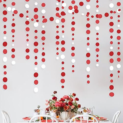 46Ft Red White Circle Dots Garland Party Decorations Red Hanging Paper Polka Dots Streamer for Valentine's Day Graduation Birthday Wedding Bridal Baby Shower Anniversary Christmas Party Decoration