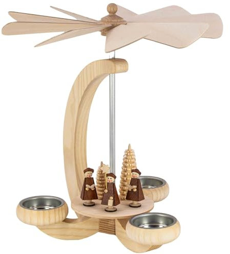 Seiffener Volkskunst | Erzgebirge Pyramide Weihnachtspyramide Teelichtpyramide | Handwerkskunst aus Deutschland | echte Handarbeit | 25 cm | Kurrende Natur